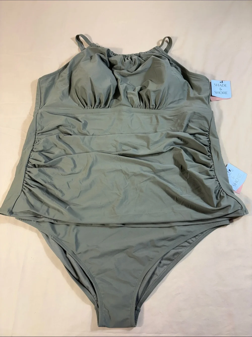 Shade & Shore Olive Green High Neck‎ Tankini Set Ruched Top High Waist Bottoms